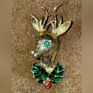 Gerry's Christmas Brooch Reindeer Rudolph with Holly Leaf Gold Tone Holiday Pin